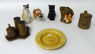 Seven items, Sylvac pottery, two USSR Racoons, Halls ashtray etc