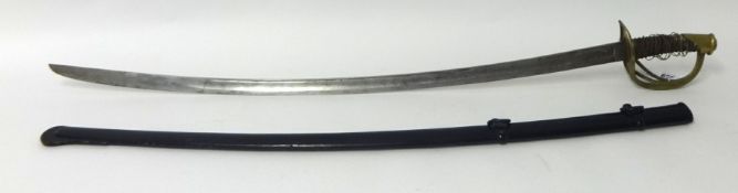 An English 19th century sword and scabbard, hilt damaged, 102cm long