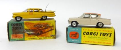 Corgi Toys model 234 Ford Consol Classic and Chevrolet New York Taxi model 221, both boxed, (2)