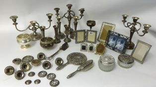 Various silver wares including candelabra, picture frames, jars etc