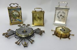 Two brass cased Art Deco cased wall barometers and reproduction battery operated carriage clock,