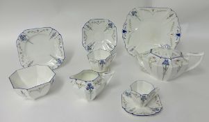 Shelley porcelain 'Blue Iris' patterned milk jug, sugar bowl, duo, trio, tea pot and bread plate