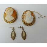 A 9ct gold framed portrait cameo t/w another cameo and a pair of silver 9ct gold mounted pendant