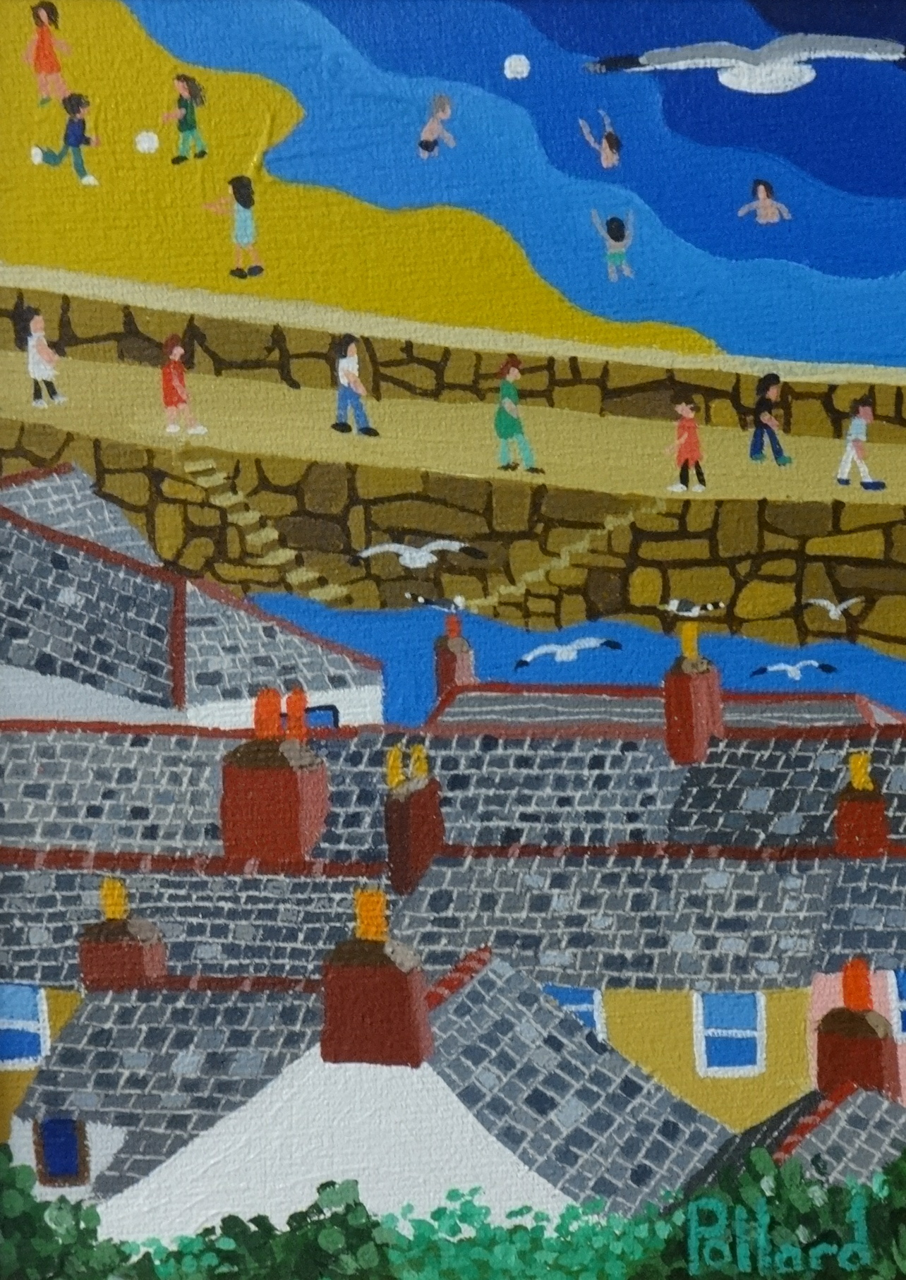 BRIAN POLLARD acrylic 'Rooftops and Bathers', 16.5cm x 12cm.