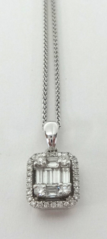 A diamond pendant necklace on fine chain, set with round cut and baguette cut diamonds, in 18ct