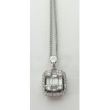 A diamond pendant necklace on fine chain, set with round cut and baguette cut diamonds, in 18ct