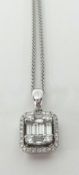 A diamond pendant necklace on fine chain, set with round cut and baguette cut diamonds, in 18ct