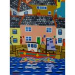 BRIAN POLLARD acrylic 'Reflections - Cornish Village I', 9cm x 14cm.
