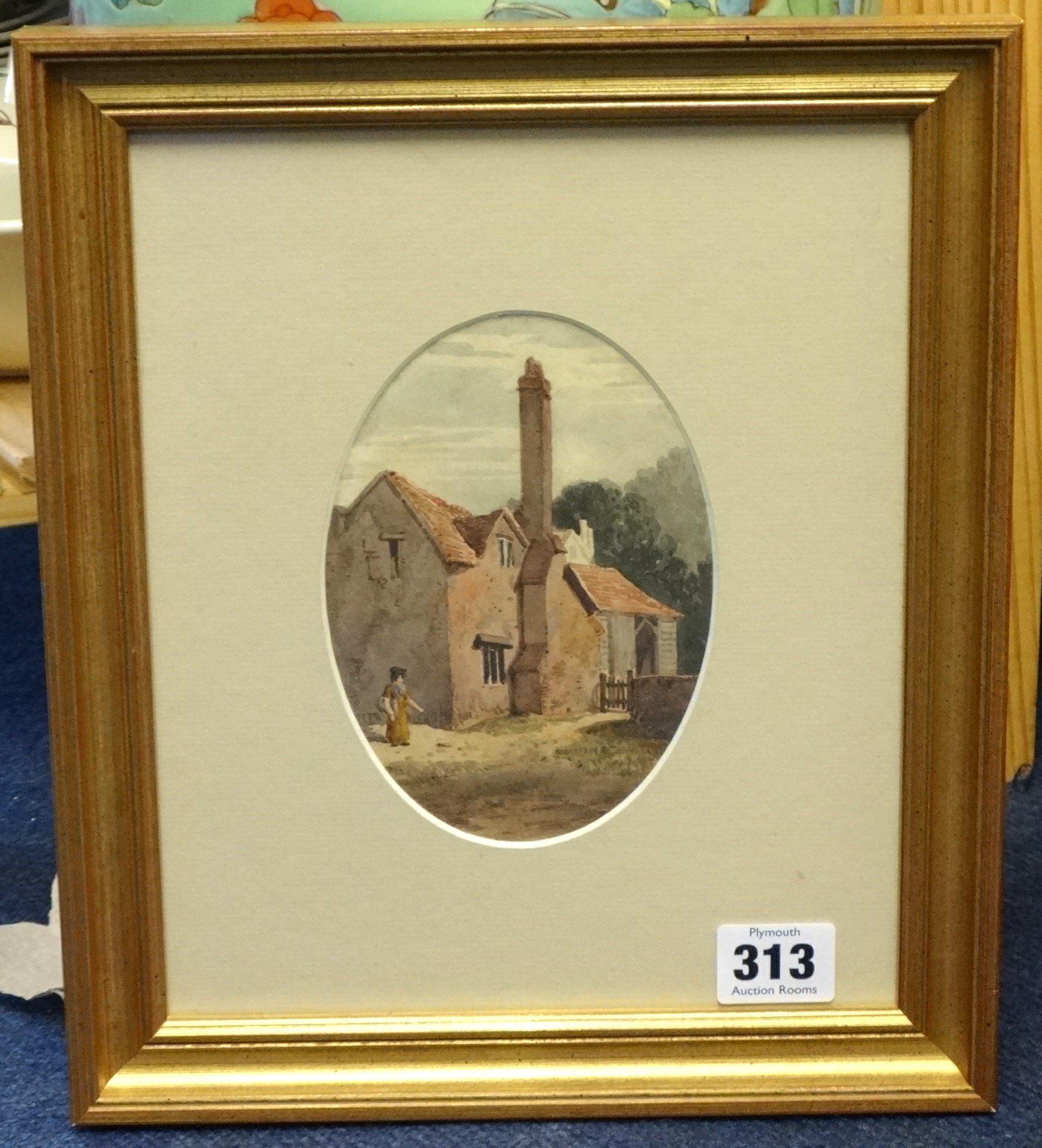 Attributed J.WORSLEY oval small watercolour, 'Figure by a Cottage in Stonehouse', 28cm x 24cm - Image 2 of 2