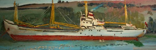 FRED YATES (1922--2008) 'Boat on the Fowey with swans', oil on board. 30cm x 90cm, Provenance