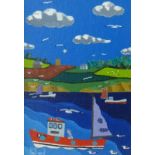 BRIAN POLLARD acrylic 'Boats and Fields', 16.5cm x 11.5cm.