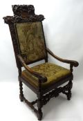 A 19th century carved walnut high back armchair with tapestry covers, 132cm high, Provenance; ROBERT