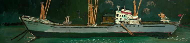 FRED YATES (1922--2008) 'Trawler on the Fowey', oil on board. 21cm x 89cm, Provenance Thompsons