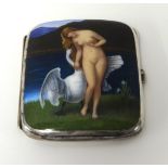 A fine enamel cigarette box decorated with a figure of a Lady in front of a river with a swan, 9cm x