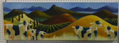 LEE WOODS oil on wrap around board 'Cow Landscape' signed, 40cm x 120cm.