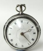 Georgian English silver pair cased pocket watch with fusee and verge movement, dial inscribed 'H.
