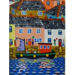 BRIAN POLLARD acrylic 'Reflections - Cornish Village II', 9cm x 14cm.