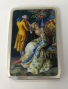 A white metal and enamel rectangular box with gilt lining decorated with romantic classical scene,