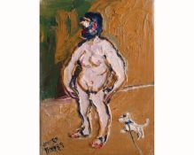 FRED YATES (1922--2008) 'Man and Dog', signed, oil on board, 22cm x 16cm,