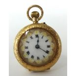 A 12ct gold fob watch with pretty enamel dial and keyless movement