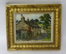 GEORGE CUNNINGHAM (1924-1996) oil on board 'Cottage Scene' 22cm x 25cm