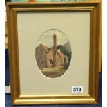 Attributed J.WORSLEY oval small watercolour, 'Figure by a Cottage in Stonehouse', 28cm x 24cm