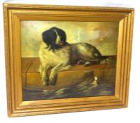 A.PALMER oil on board circa 1900, after Landseer, a Newfoundland, 'A Distinguished Member of the