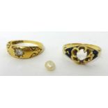 An antique 18ct yellow gold ring set with a single diamond, also a gold ring with loose single pearl