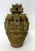 Chinese stoneware sculpture decorated with figures, motifs earns and buildings, four character marks