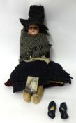 Antique bisque head doll in Welsh costume, 53cm tall.