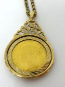 A Victoria half shield back sovereign 1887 set in a yellow metal pendant with chain