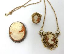 A 9ct gold Cameo pendant also a brooch and a ring each set with a cameo (3)