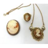 A 9ct gold Cameo pendant also a brooch and a ring each set with a cameo (3)
