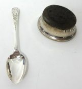 A silver pin cushion and silver christening spoon, cased (2).