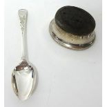 A silver pin cushion and silver christening spoon, cased (2).