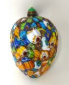 Multi coloured glass scent bottle with stopper, 11cm tall.