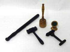 A collection of carved wood items to include a ceremonial oak mallet, massager, oak pocket watch