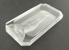 A small frosted glass dish, signed Desna, modelled with a nude, of Lalique Style, 8.50cm x 4,.50cm
