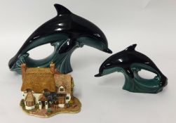 Large Poole pottery Dolphin, small Poole pottery Dolphin t/w Lilliput cottage 'Blue Boar', (3)