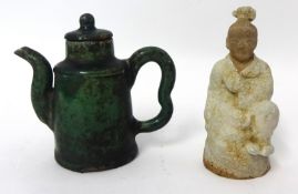 Stoneware Chinese figure and small tea pot, 14cm tall (2).