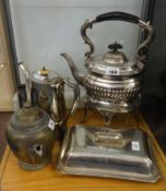 A silver plated spirit kettle, Mappin & Webb entrée dish, and two other tea pots.