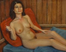 PIRAN BISHOP 'Reclining Nude', oil on canvas, 40cm x 50cm.