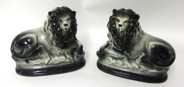 A pair of Staffordshire recumbent lions, 25cm long.