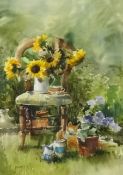 ANDREW DOUGLAS FORBES (Welsh artist) 'Still Life, Sunflowers in a White Jug upon a Victorian Chair',