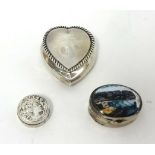 A miniature silver heart shaped box and a scenic oval pill box (3)