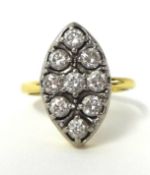 A marquise old cut diamond nine stone ring, set in yellow metal, size H1/2.