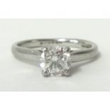 A single stone diamond and platinum ring, claw set with a brilliant cut stone, weighing 0.70cts,