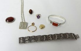 A silver panel link Bracelet, depicting Asian scenes, stamped SIAM, STERLING, two dress Rings, three