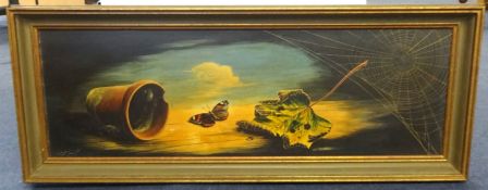 STUART MAXWELL ARMFIELD (1916-1999) egg tempera on board in frame 'Still Life, Plant Pot, Butterfly,