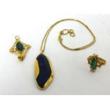 A continental gold mounted lapis lazuli Pendant, stamped 750, to an 18ct gold box link chain, a